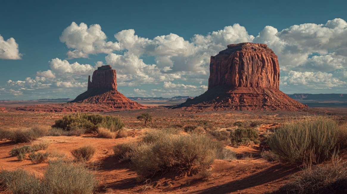 Desert landscape of Monument Valley featuring large red sandstone buttes under a partly cloudy sky