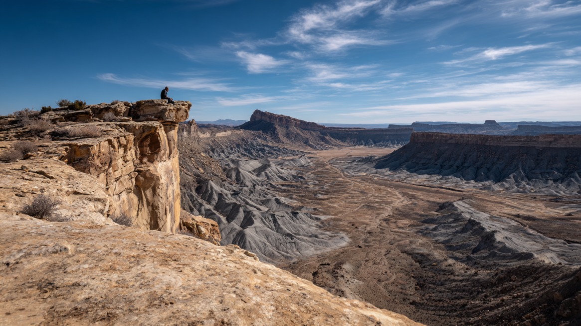 Person sitting on a cliff edge overlooking layered gray and tan desert valleys under a wide blue sky