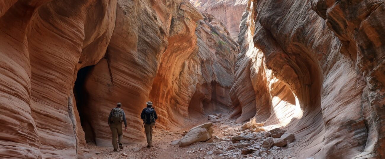Two hikers walking along a sandy path between tall curved red sandstone canyon walls