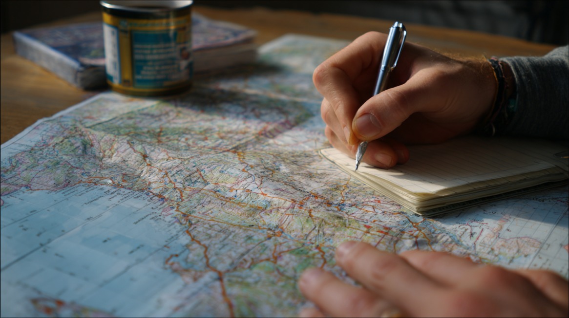 Close up of a hand writing notes on a notepad placed over a detailed road map