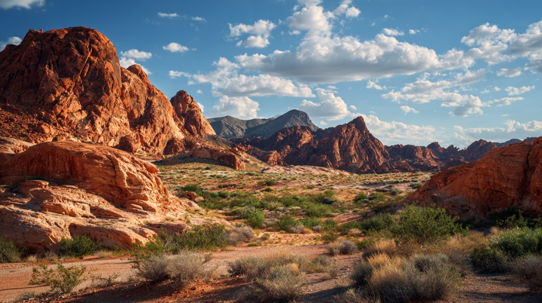 Panoramic view of red sandstone cliffs and desert vegetation beneath a blue sky with scattered clouds