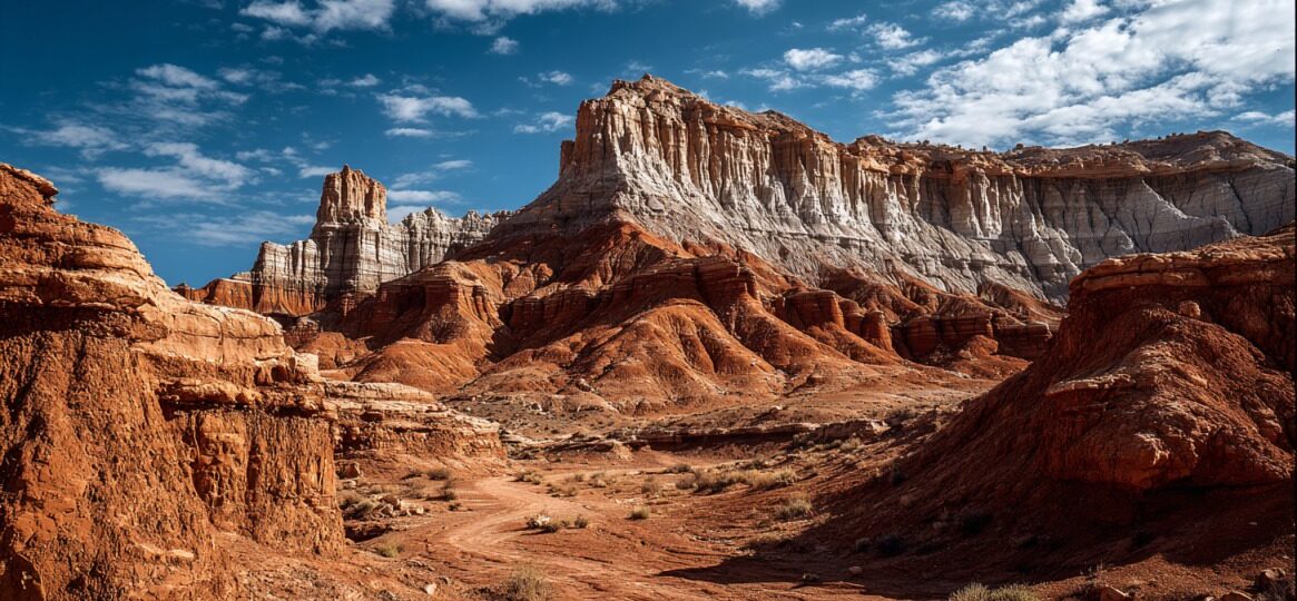 Red and white layered sandstone cliffs rising above a dry desert wash under a blue sky with scattered clouds