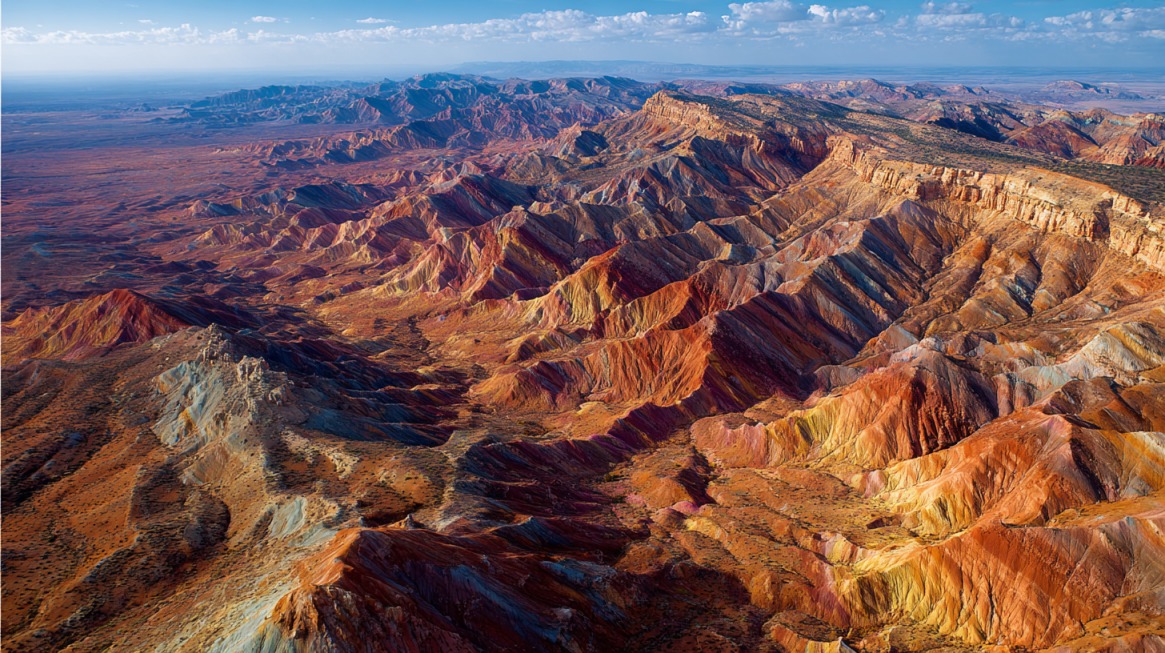 Aerial view of layered red, orange, and gray desert ridges stretching into the distance