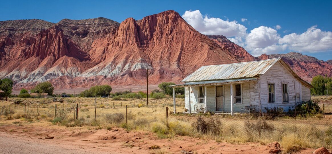 Weathered white house in a small desert town with red rock mountains behind it