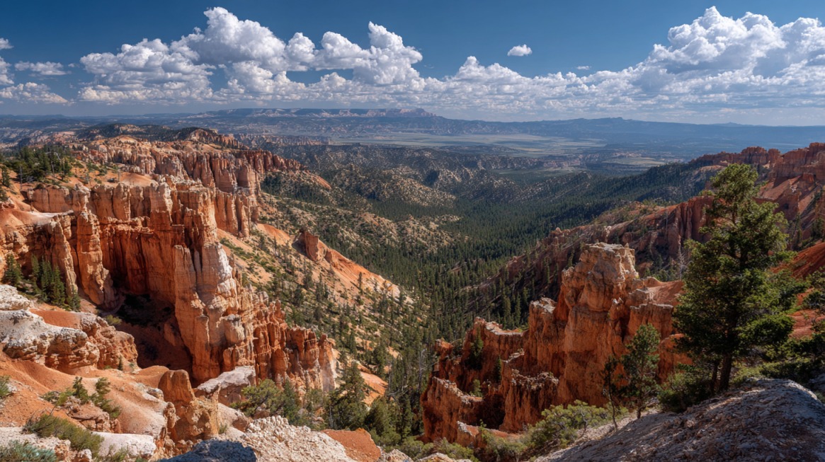 Wide view of Bryce Canyon with towering orange hoodoos, green pine-filled valleys, and layered mesas under a bright sky with scattered clouds