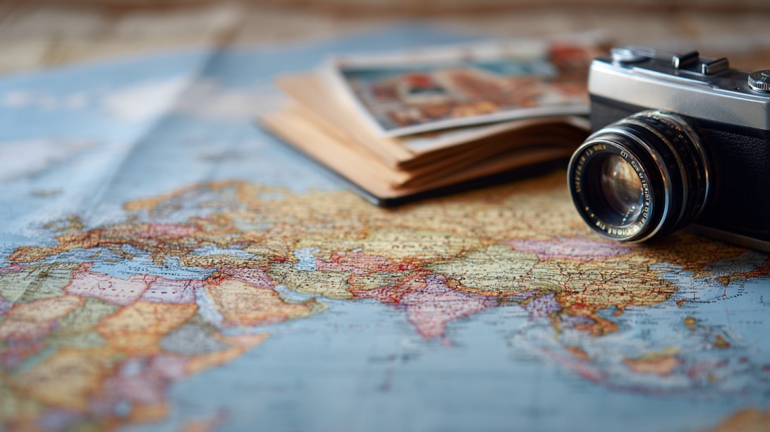 Close up of a vintage camera and postcards resting on a detailed world map