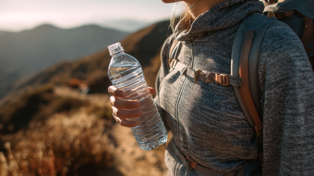 Close up of a person wearing a backpack and holding a plastic water bottle on a sunny mountain trail