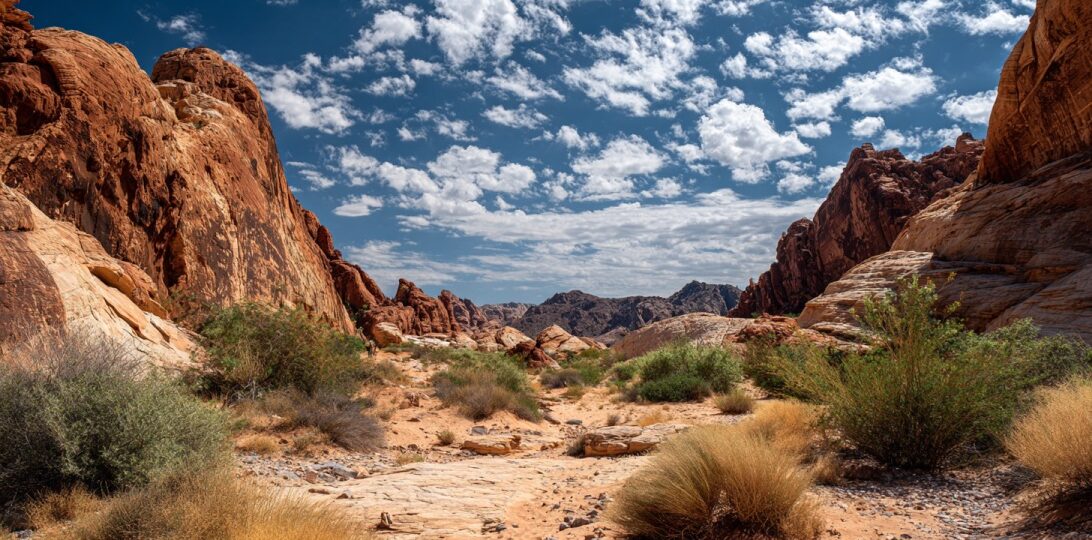 Wide view of red sandstone cliffs and desert shrubs under a blue sky with scattered clouds