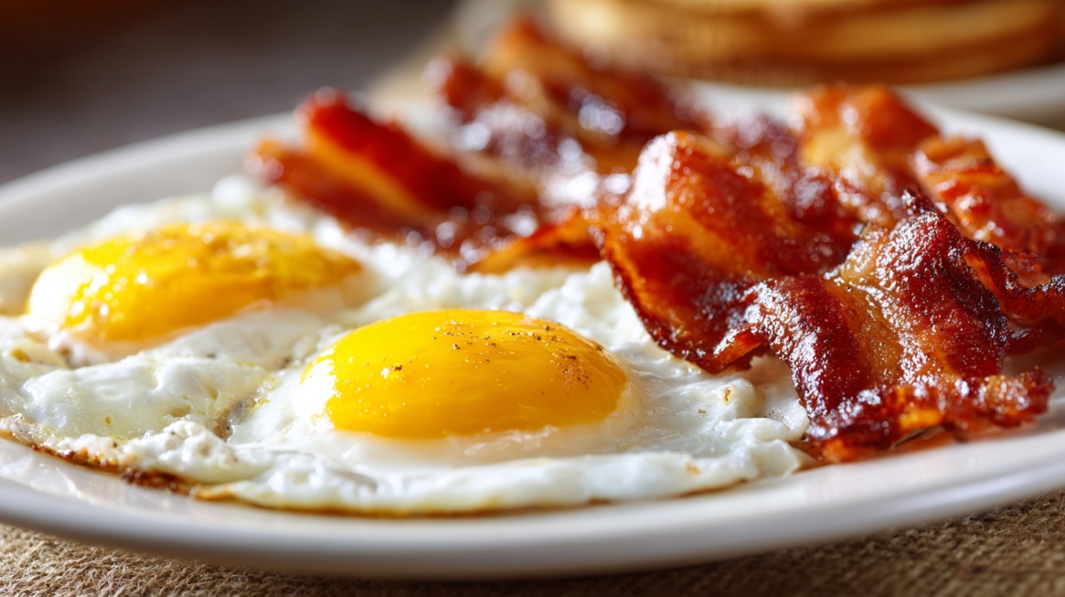 Plate of sunny side up eggs with strips of cooked bacon