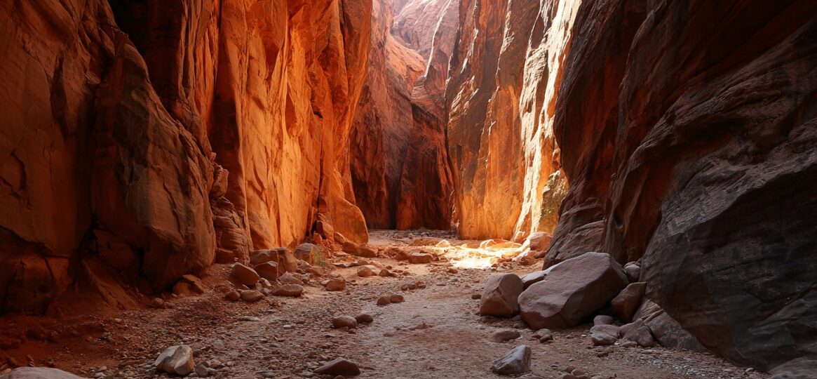 Sunlit slot canyon with tall red rock walls and a sandy, rocky floor