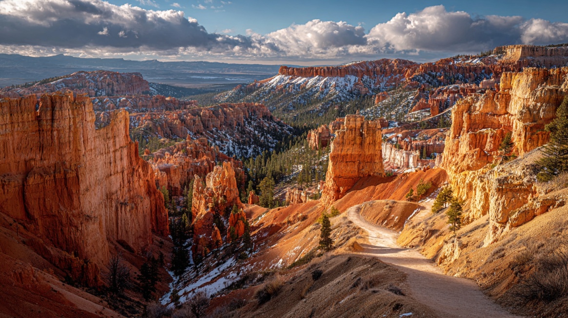 A scenic hiking trail winding through Bryce Canyon with orange hoodoos, patches of snow, and dramatic cliffs under a partly cloudy sky
