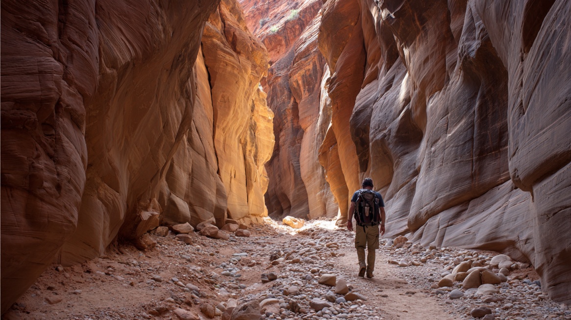Person walking through a narrow slot canyon with high red rock formations
