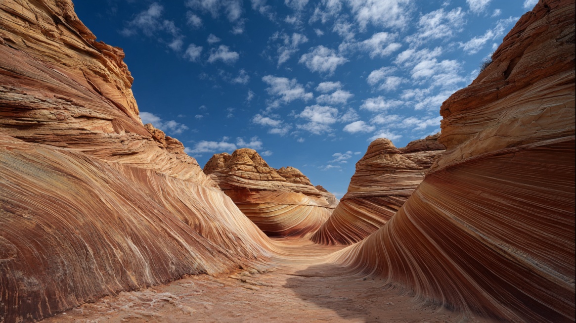 Sandstone canyon with flowing wave like rock formations under blue sky