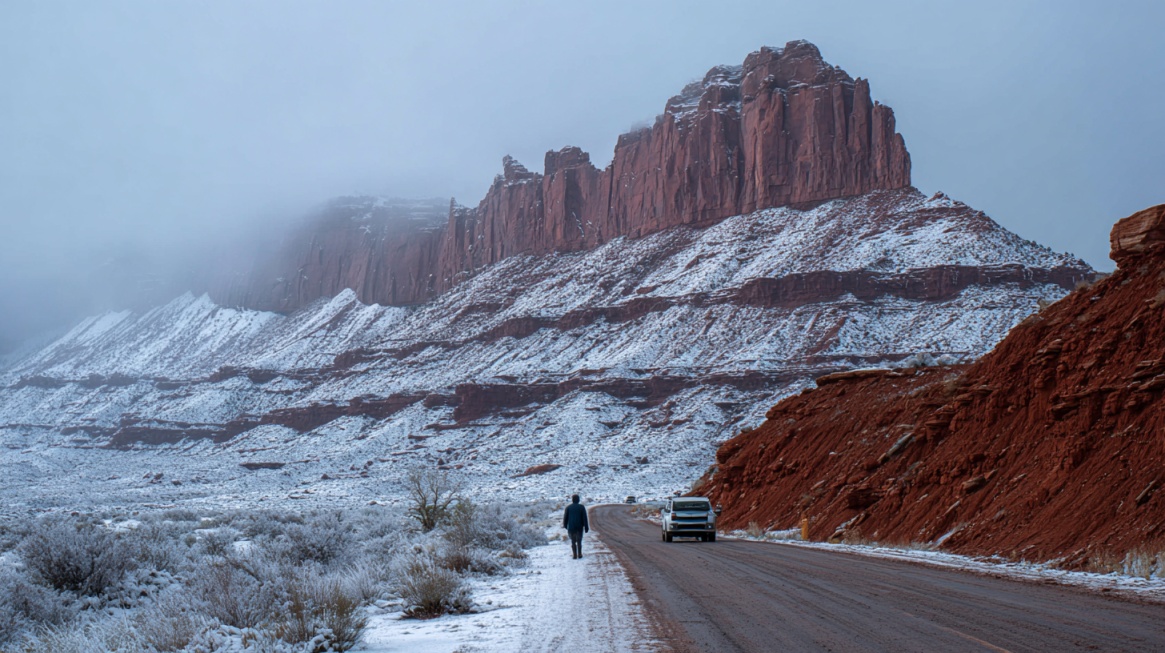 Snow covered red rock cliffs with a road and a person walking beside a parked vehicle