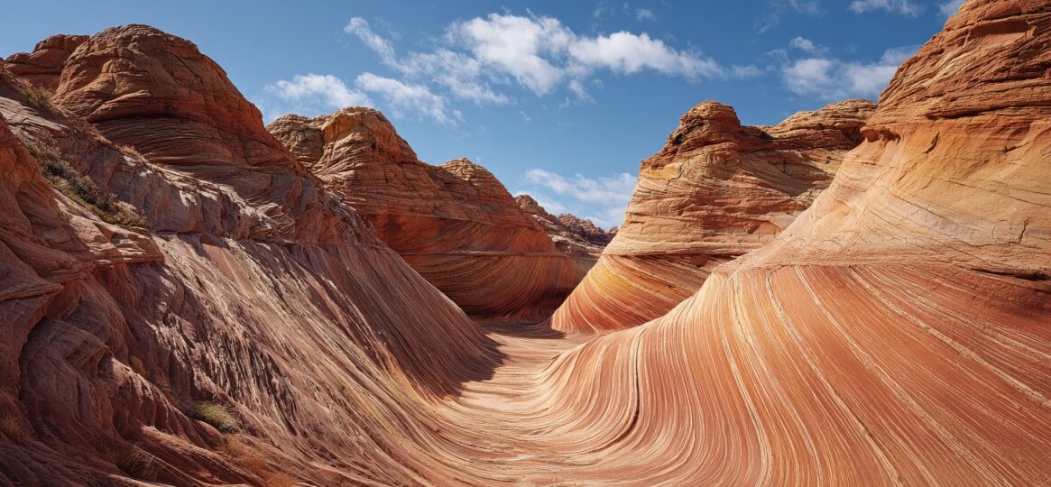 Sandstone rock formation with smooth wave like curves in a desert landscape