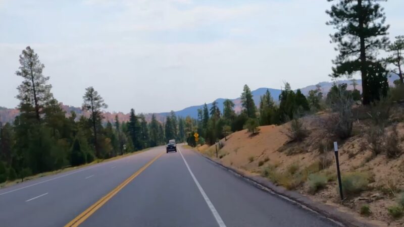 Car driving along US Highway 89 through forested hills and open landscape in Southern Utah