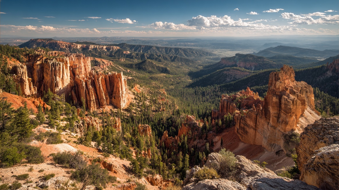 Bright daytime view of Bryce Canyon with red rock formations, pine trees, and expansive valleys under a blue sky with scattered clouds
