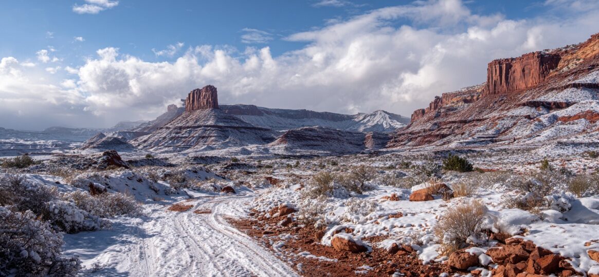 Red rock formations and desert terrain dusted with snow under a blue sky