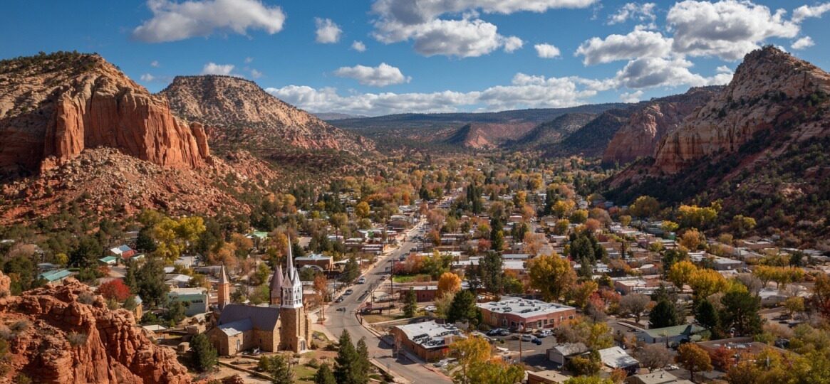 Small town nestled between red rock formations with trees and buildings under a blue sky