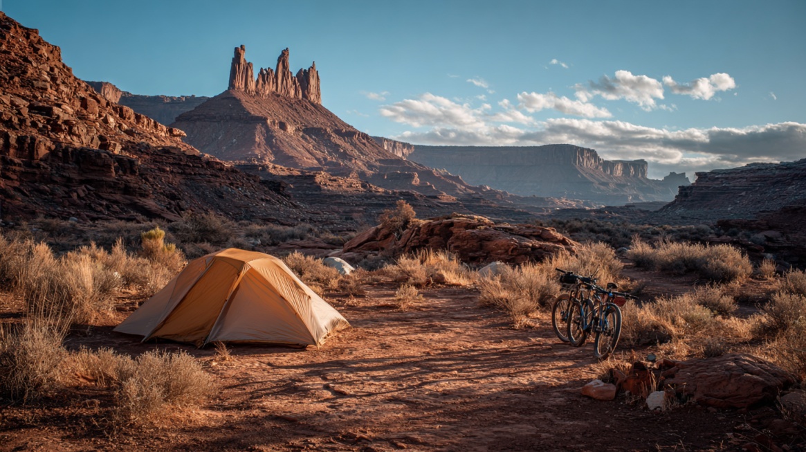 A tent and two bicycles set up at a campsite in a desert landscape with towering rock formations in the background