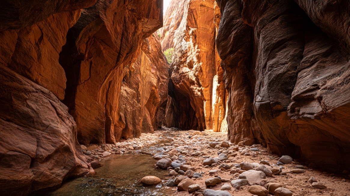 Sunlit slot canyon with red rock walls, scattered stones, and a shallow stream