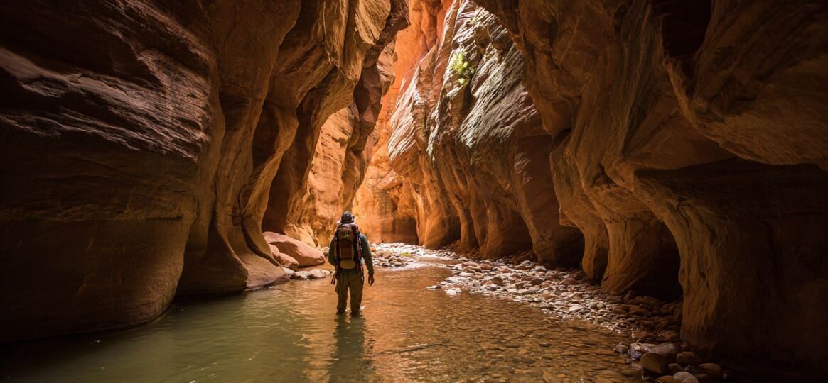 Hiker walking through a narrow slot canyon with shallow water and tall rock walls